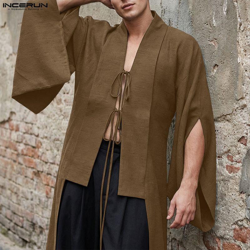 INCERUN Cardigan Kimono da Uomo Oversize a Spacco Manica Lunga Monocolore Aperto Davanti