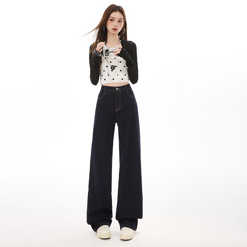 Spring Summer Elastic Waist Ultra Soft Comfy Denim Blue Straight Leg High Waist Daily Denim Trousers Ladies Casual Pants Oversize Denim Trousers