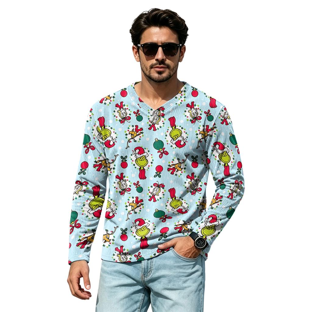Men's Casual Loose Fit V-Neck Shirt with Christmas Print for Holiday Occasions