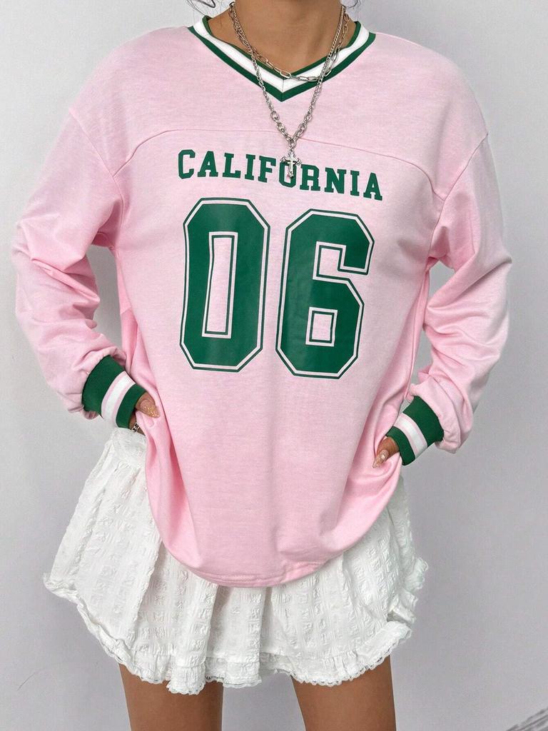 T-shirt Grafica da Donna con Scollo a V, Manica Lunga, Vestibilità Larga, Stampa Numero Lettera, Tunica Larga, Streetwear, Vintage Americano, Camicia Casual