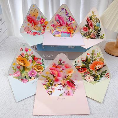 1 Stück Blumen Postkarte Romantische Geburtstags-Weihnachtskarte 3D-Popup-Umschlag Handschriftliche Segensnachricht Karte Papier Grußkarten