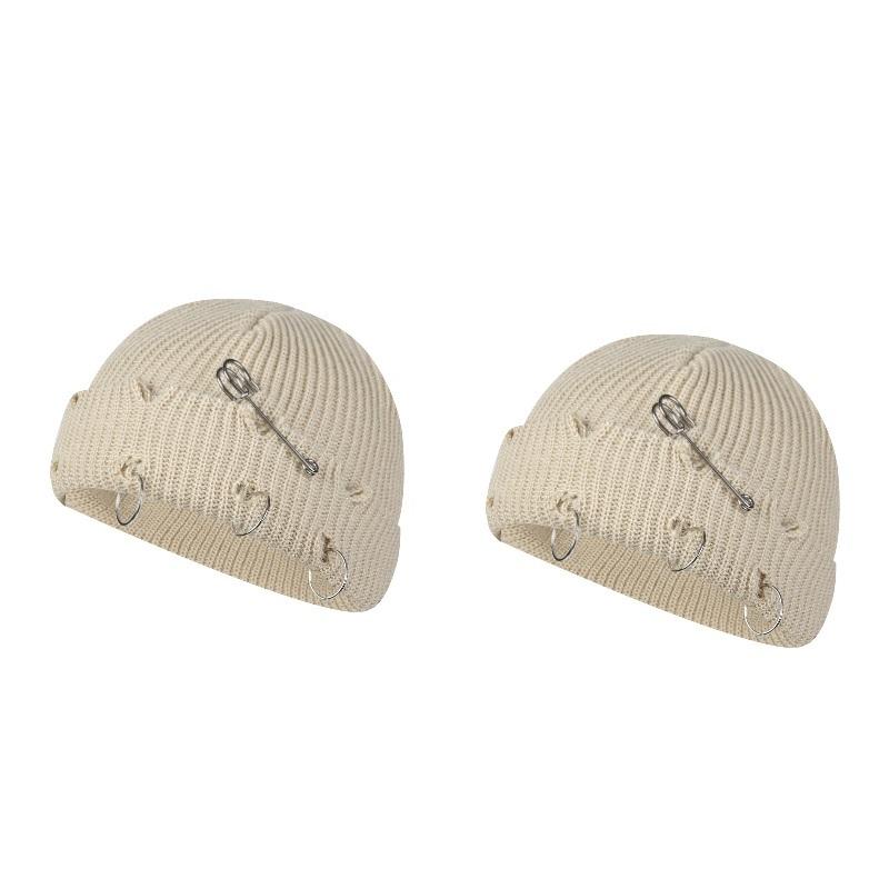 Women Girls Y2k Gothic Beanie Winter Knit Hats Trendy Metal Rings Pin Hip Hop Streetwear Harajuku Skull Cap Emo Scene Grunge