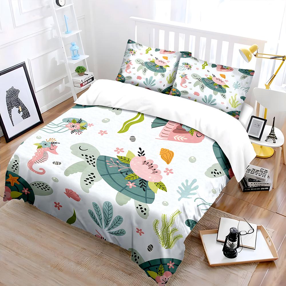 Marine Animals with Floral Decorations Bedding Set for Kids Luxury Gift 3pcs Digital Print Comforter Set Soft Comfortable