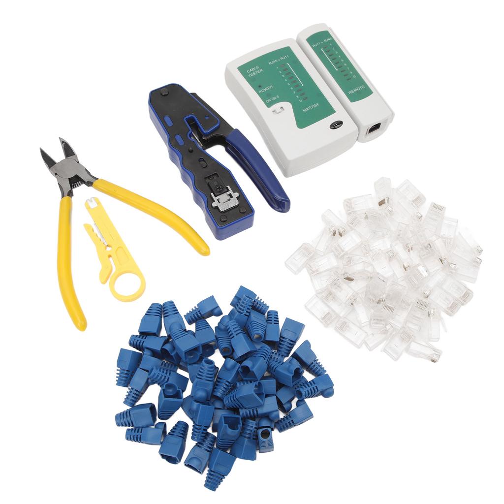 Netzwerkkabeltester RJ45 Crimpzange Crimpwerkzeug-Kit Abisolierwerkzeug mit 50 Stück Pass-Through