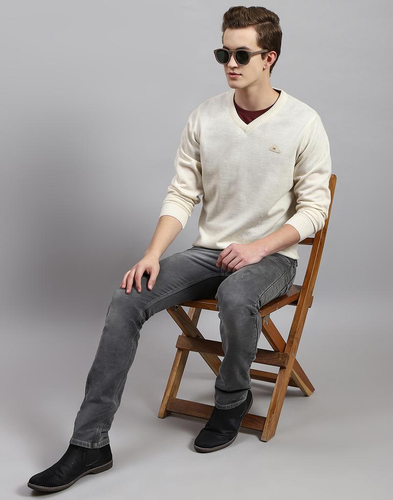 MONTE CARLO Mens Cream Solid V Neck Pullover