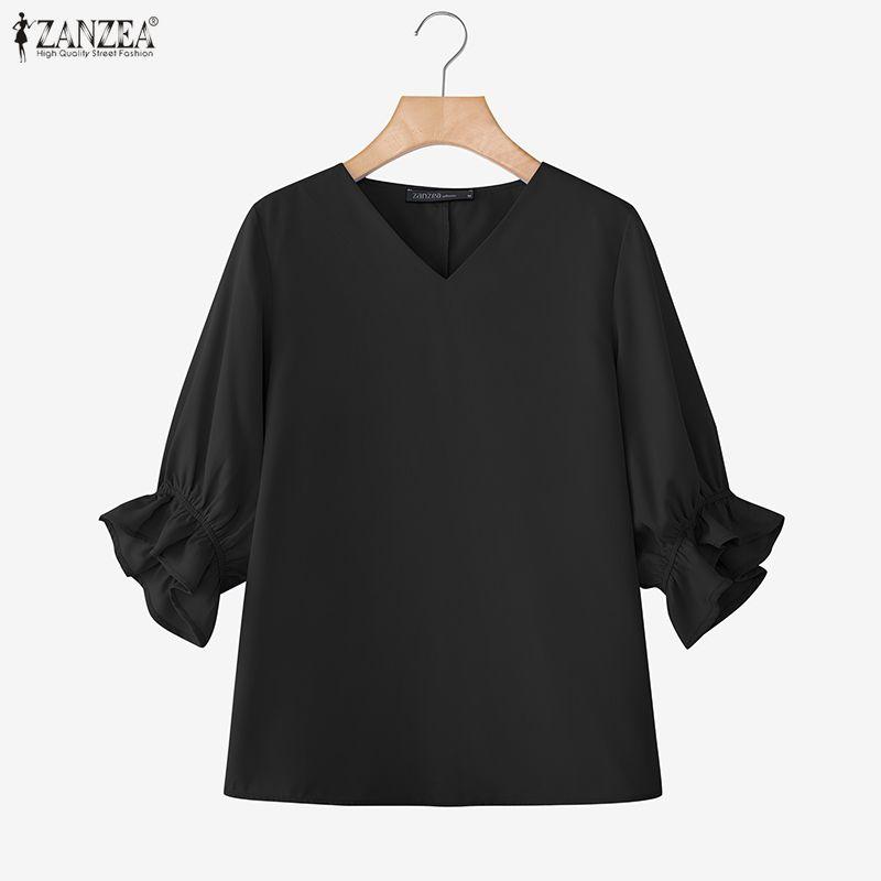 

ZANZEA Summer Women V Neck 3/4 Sleeve Casual Loose Blouse S чёрный