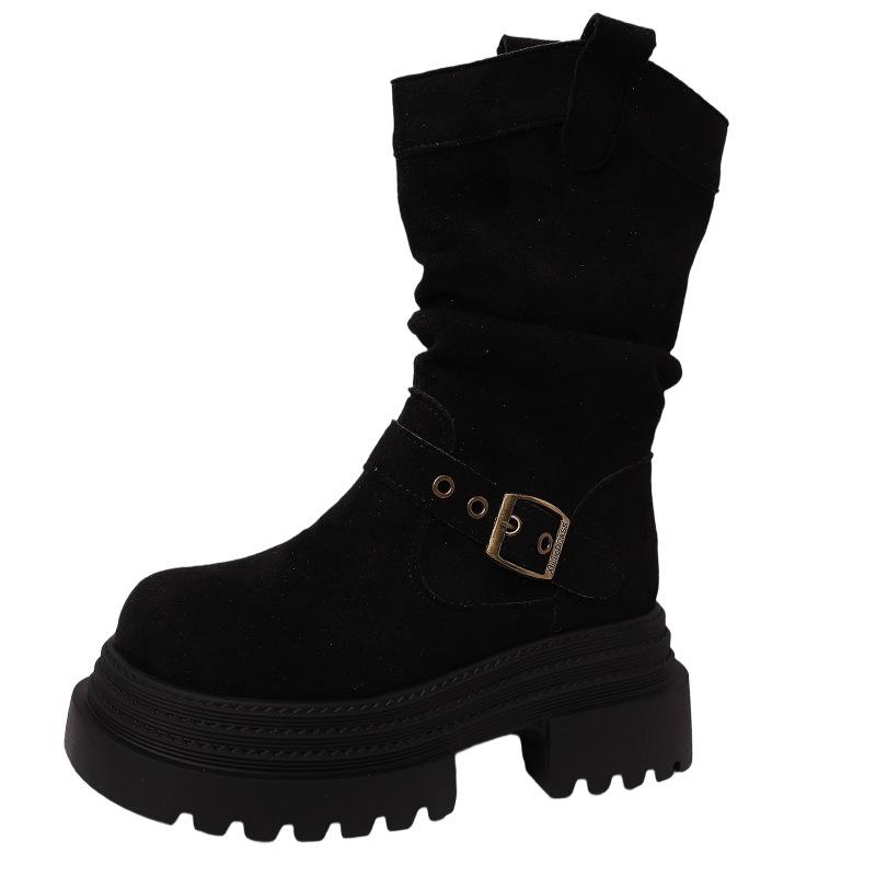 Korean version suede short boots autumn and winter retro versatile warm pile boots women's fashion boots thick-soled belt buckle knight boots