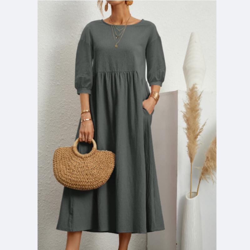 

Женское однотонное модное свободное хлопковое льняное платье с рукавами-фонариками и карманами XXL серый
