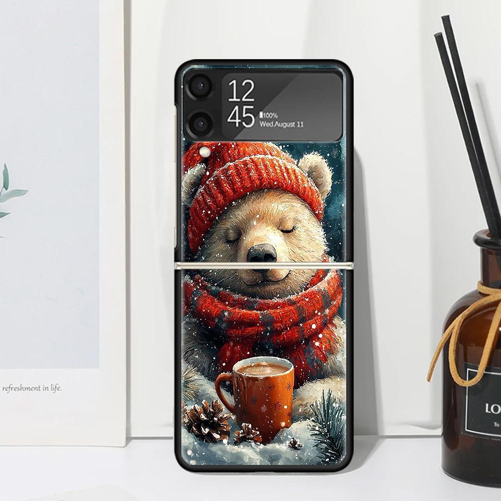 Animal Brown Cute Bear Phone Case Cover for Samsung Galaxy Z Flip 7 6 5 4 3 5G Flip3 Flip4 Flip5 ZFlip6 ZFlip7 Black Fundas Clea
