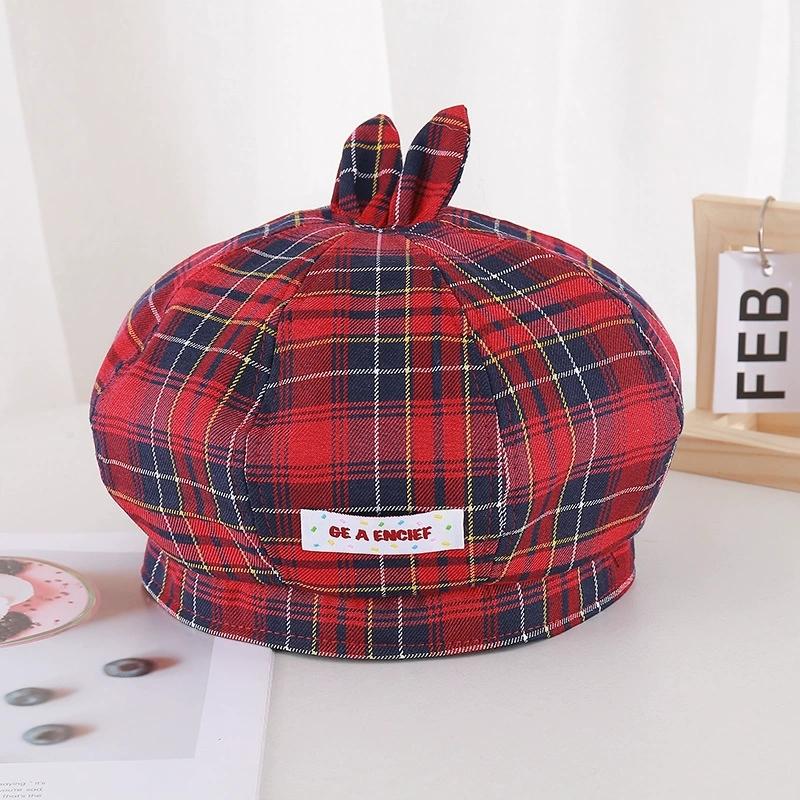 New Cute Plaid Bunny Ear Denim Beret For Women Summer Face-Slimming Octagonal Hat Japanese Retro Versatile Style