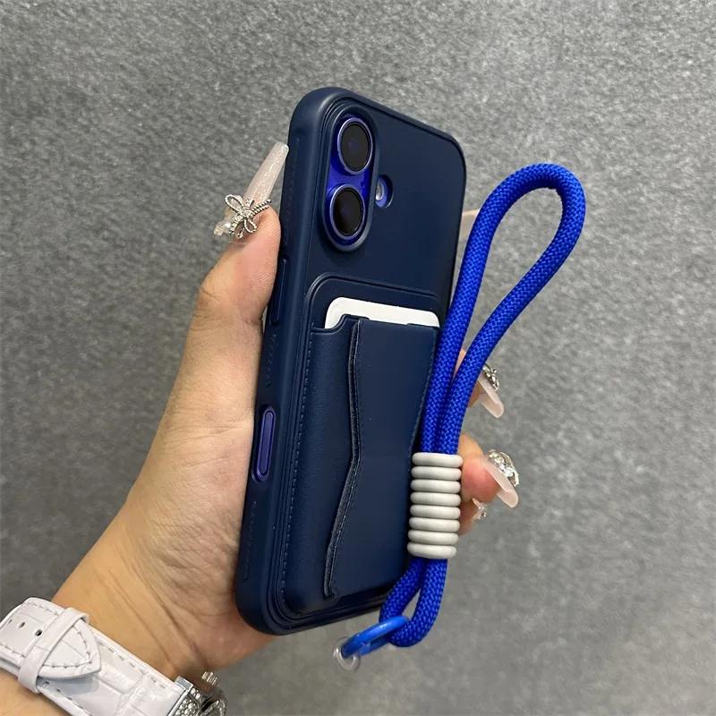 Moda Cüzdan Kredi Kartı Yuvası Arkasında Kordonlu Kapak iPhone 17 Air 13 Pro Max 12 11 Xr 14 15 16 Pro Max İçin PU Deri Kılıf