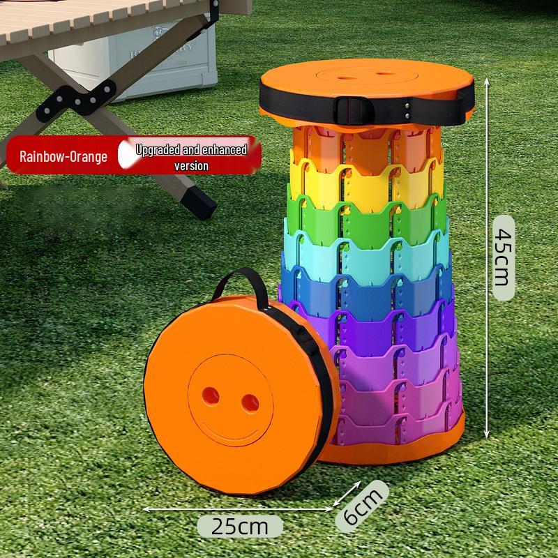 Rainbow Retractable Portable Camping Stool - Round, Plastic Folding Design.