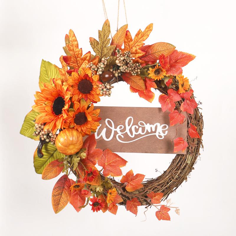 Sunflower Pumpkin Decorative Wreath with Maple Leaves for Thanksgiving