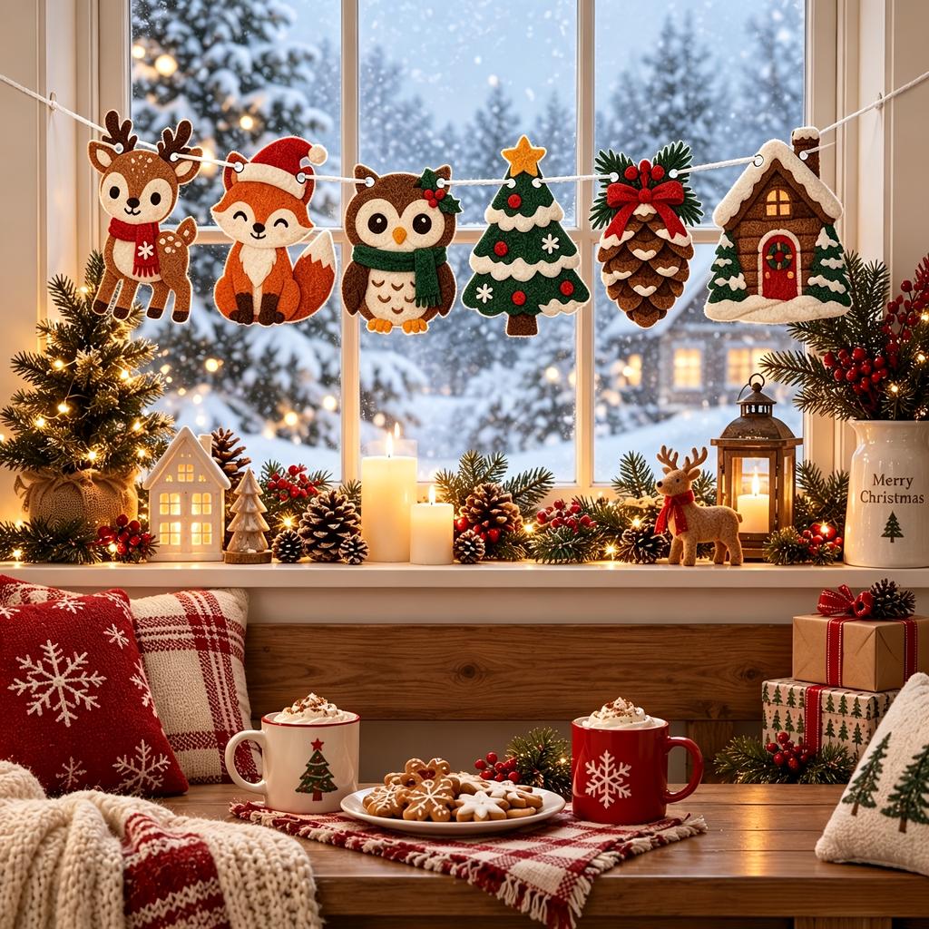 Felt Christmas Banner Decorations Party Flags Reindeer Foxes Owls Christmas Trees Pinecones Snowhouse Patterns Holiday Decora