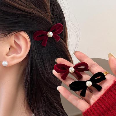 Samtrote Schleife Haarspange: Damen Herbst/Winter Entenschnabel für Pony & Stirn