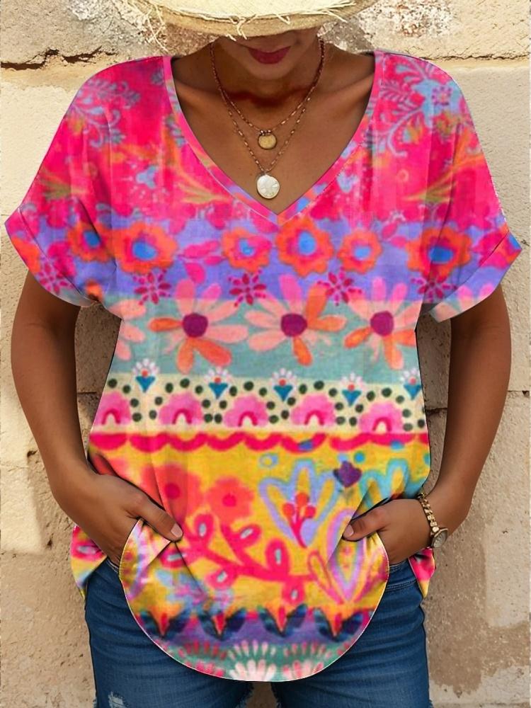 

Летняя новая женская футболка 3d ретро цветочный принт V-образный вырез короткий рукав топ XL