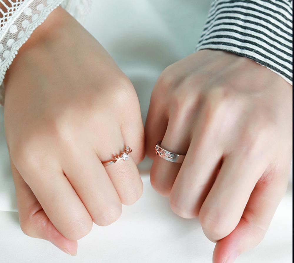 Internet celebrity fashion simple elk horn shape couple ring, two-color copper inlaid zircon combination ring