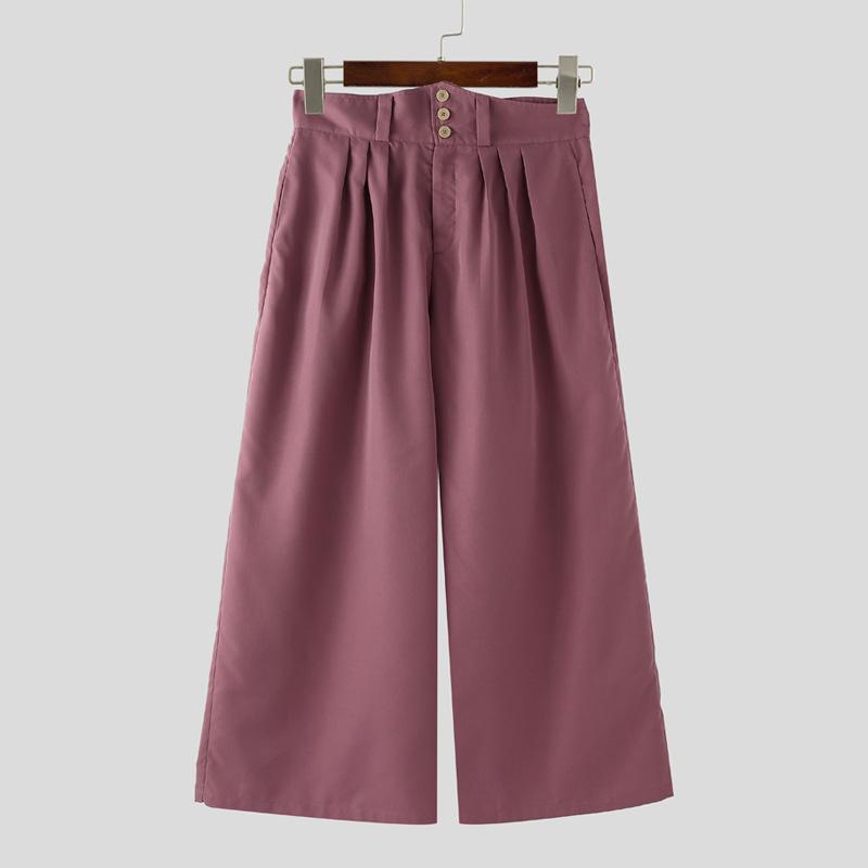 INCERUN Men High Waist Zip-up Solid Color Casual Long Palazzo Pants