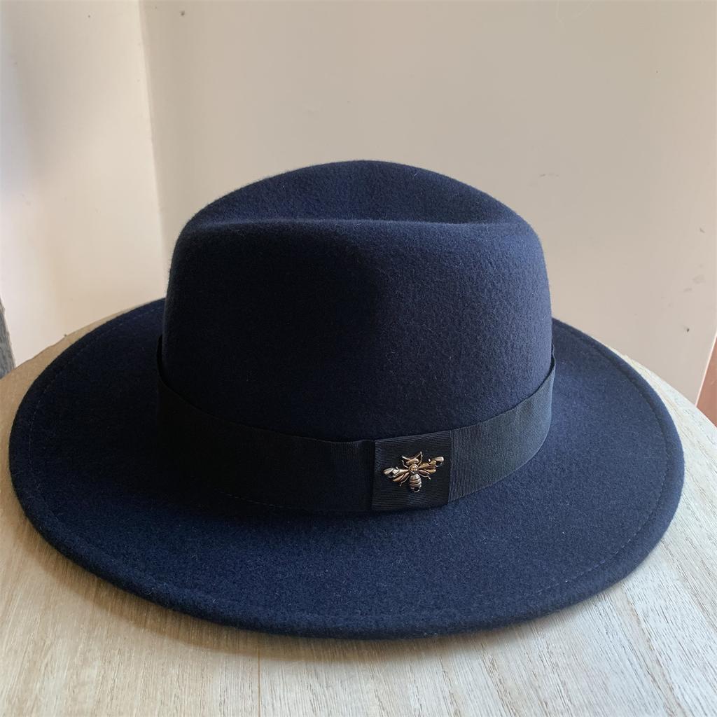 New French Wool Topper Hat with Big Brim Showing Face for Women's Little Bee British Style Versatile Jazz Hat