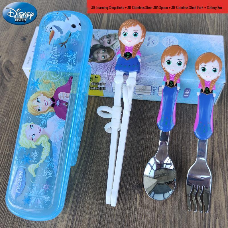 Disney 3D Cartoon Children's Stainless Steel Cutlery Set: Fork, Spoon, and Training Chopsticks