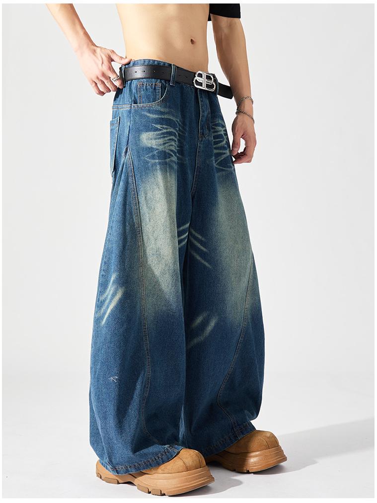 Men's American Retro Washed Black Wide-Leg Scimitar Jeans