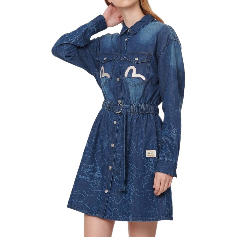 Evisu Laser Print Gradient Denim Long Sleeve Dress Women Dress Denim-Blue 2EAHTW1DR223FFDN