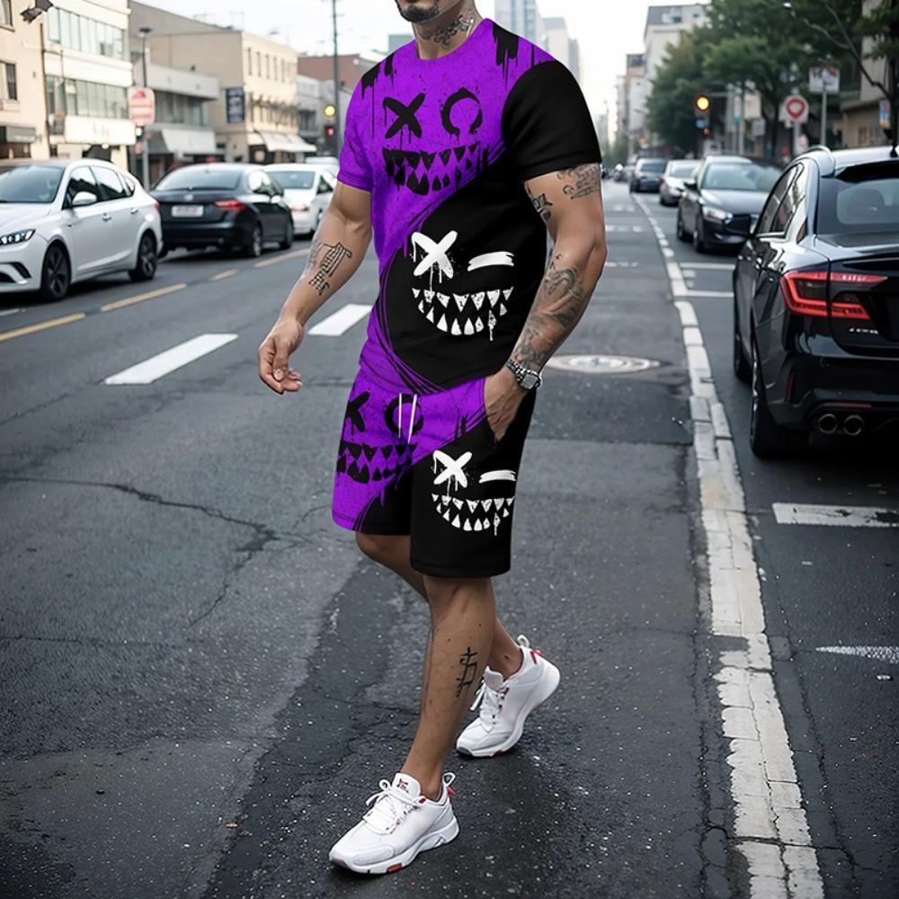 3D Demon Face Print Men Short Sleeve T-Shirt Shorts Two Piece Sets Hip Hop Trend Harajuku Streetwear Summer Casual Outfit