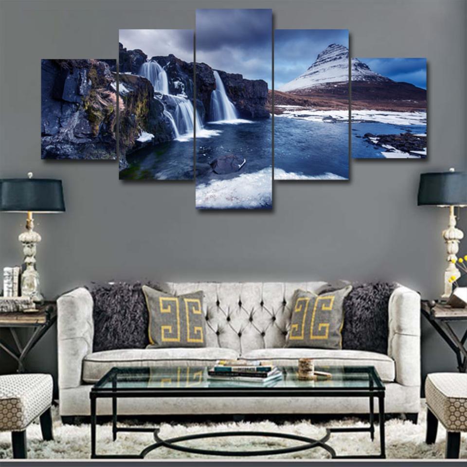 5 Pieces Snow Mountain Waterfall Scenery Posters Modular Canvas HD Prints Paintings Wall Art Pictures Home Decor No Framed