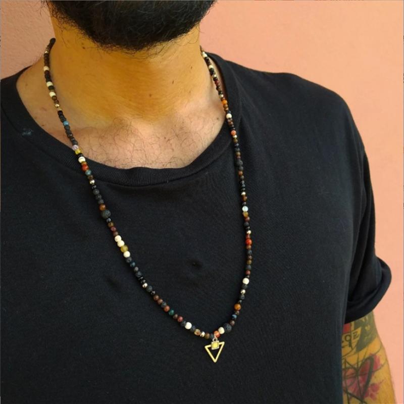 6mm Lava Stone Tiger-eye Colored Glass Beaded Necklace for Men and Women with Triangle Pendant 70cm