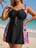 Damski Tankini Dwuczęściowy Kostium Kąpielowy Plus Size – Kolorowy Druk Leopardzi z Sznurowanymi Spodenkami i Spódniczką Kąpielową