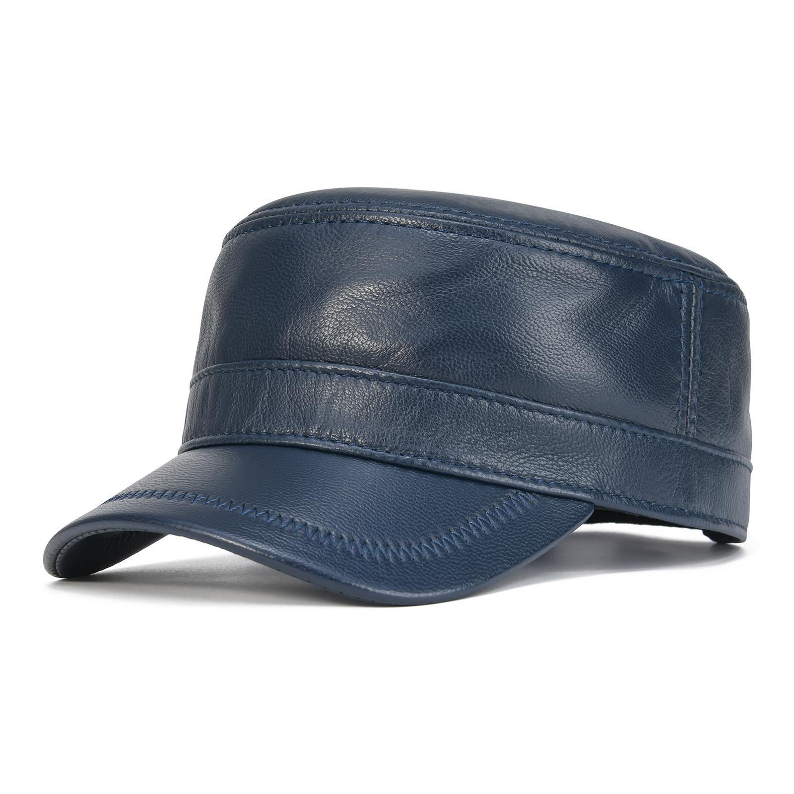 

VOBOOM Men Genuine Leather Cadet Army Cap Adjustable Flat Top Military Style Hat Cadet Cap baseball cap 57-60cm темно-синього кольору