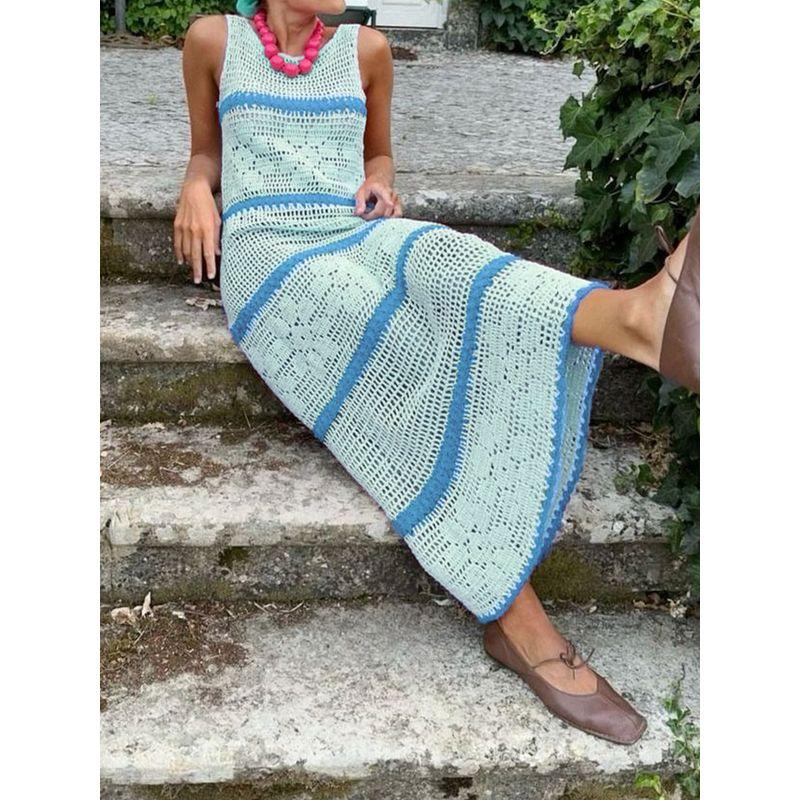 

Foreign Trade Cross-Border European and American Amazon Source Manufacturers Knit sweater Contrast Color Vest Cut-out Dress Spring and Summer Blue L