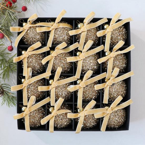 Glitter Christmas Balls Ornament Sparkly Shatterproof Tinsel Balls with Bow Sequin Hanging Ball Xmas Tree Decoration for Xmas Wedding Indoor