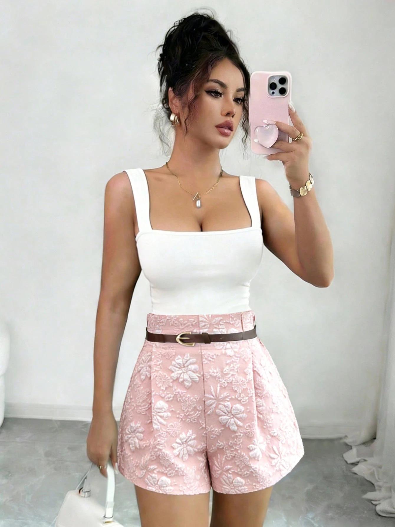 

Pink High-Waisted Wide-Leg Casual A-Line Shorts for Women L [115-130] розовый