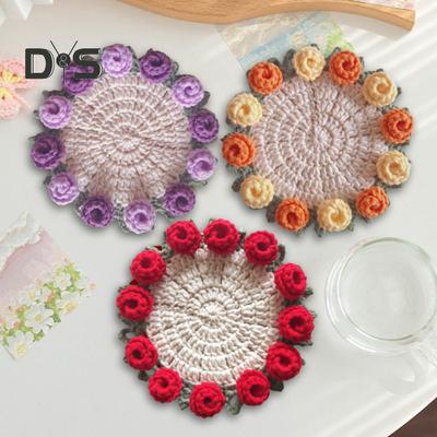 Handmade Crochet Rose Coaster Flower Bouquet Knitted Coasters Floral Cup Mat Bouquet Gift Coffee Table Decor