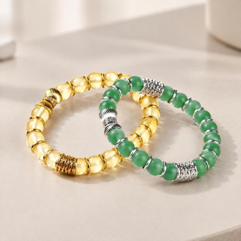 Natural Stone Stretch Bracelet Set, 2 Round Bead Bracelets with Mixed-Tone Spacers for Stacked or Separate Wear
