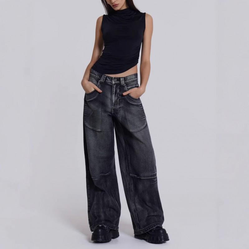 Y2K Vintage Gradient Angel Wing Print Wide Leg Denim Pants Women Mid-Rise Straight Cut Jeans