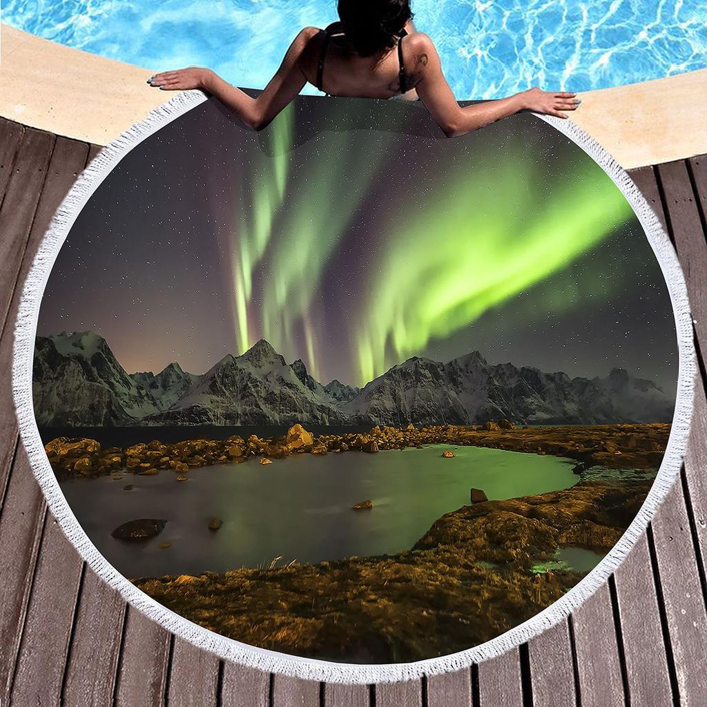 Aurora Print Round Beach Towel,Polyester Sand Resistant Beach Blanket,Soft Absorbent Quick Dry Pool Towel Portable Picnic Mat