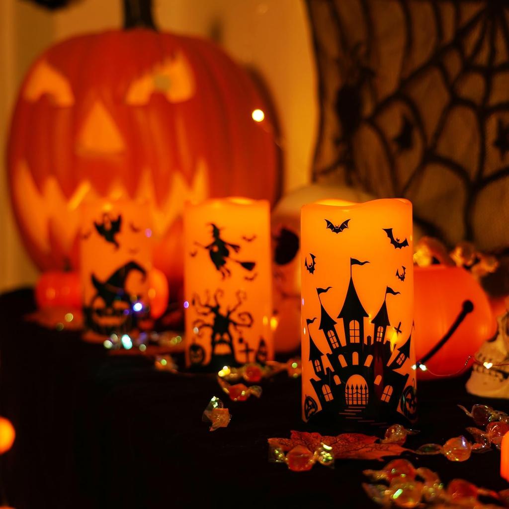 Halloween Candles, Orange Flameless Candles, Battery Operated LED Pillar Candles with Remote Timers Set of 3