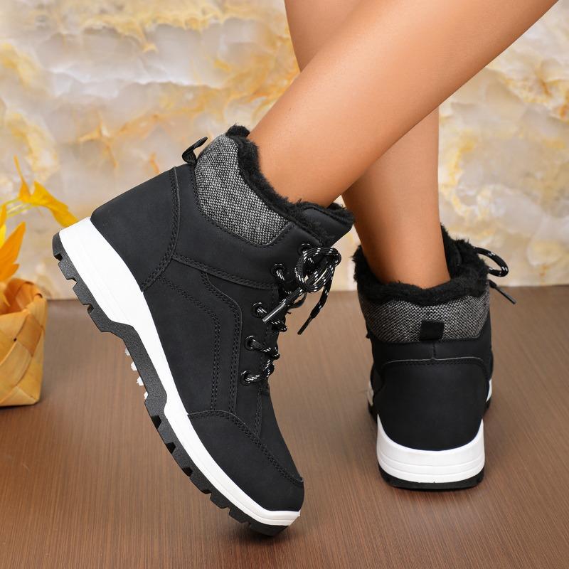 Modische verdickte Plüsch-Knöchelstiefel für Damen Winterstil Outdoor Schnür-PU-Leder Warme Baumwollstiefel Wasserdichte und rutschfeste Stiefel