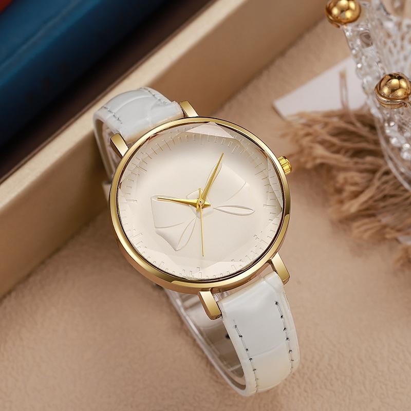 Bow Dial Module Watch Leather Band Simple Casual Quartz Dress Wristwatch