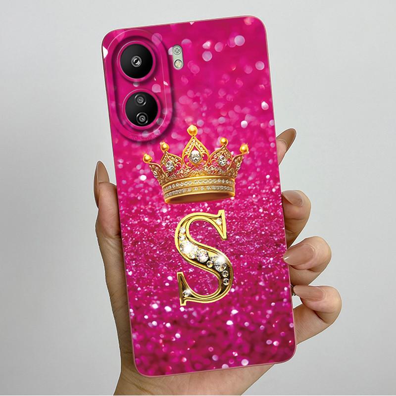 For Xiaomi Redmi 13C 4G Phone Case 13C Crown Initial Letter Silicone Soft Back Cover For Redmi 13C 13 C 4G Poco C65 Coque Capa