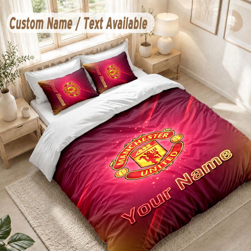 Custom Name Bedding Set 3 PiecesManchester United Print Duvet Cover + 2 Pillowcases Soft Bed Decor