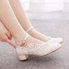 Crystal Queen Fashion 3CM Low Heels Ankle Strap Ladies Party Dance Wedding Shoes White Lace Women Pumps