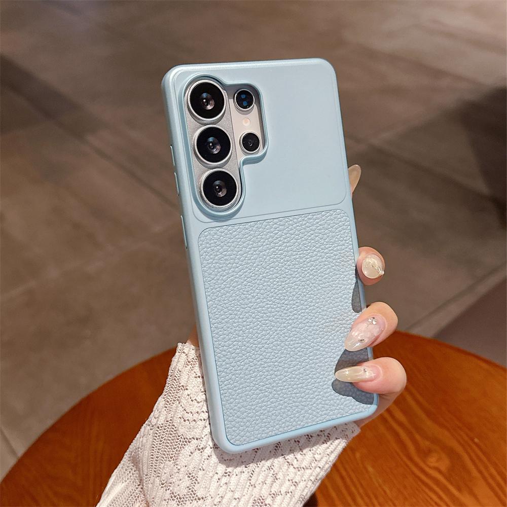 Чехол для телефона с текстурой личи и контрастным цветом для Samsung Galaxy S26 Ultra S25 Plus S24 FE S23Ultra Защитная крышка для камеры Galaxy S23 Ultra синий