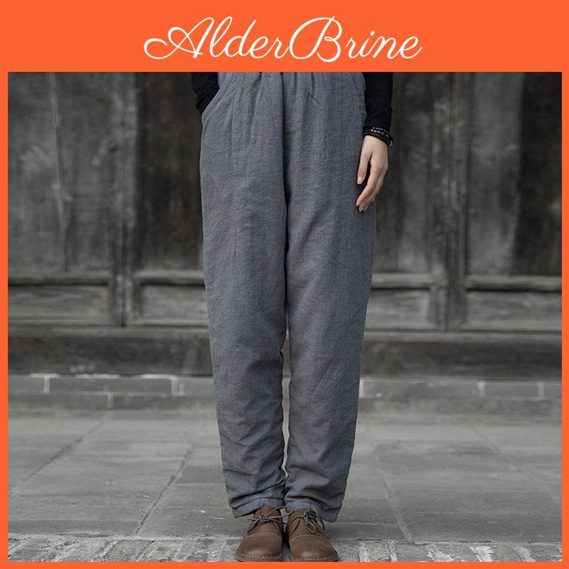 Women Linen Casual Johnature Cotton Pants Solid Color Elastic Waist Quilted Warm Trousers Winter Vintage Thick Pants