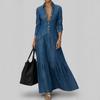 Fashion Long Sleeve Turn-Down Collar Single Breasted Solid Color Slim Fit Vintage Style Slimming Waist Denim Dress