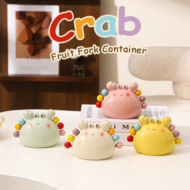 Crab-Shaped Fruit Fork Set With Ceramic Holder Stainless Steel Dessert Forks And Cute Storage Jar Kit For Elegant Serving