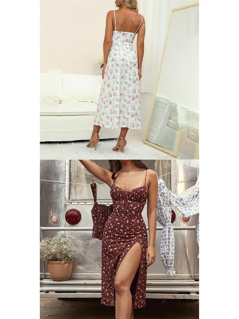 2026 Spring European & American Women's Sexy Printed Lace-up Slit Camisole Dress