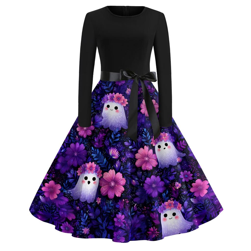 Women's Vintage Long Sleeve Round Neck Dress Halloween Party Printed Midi Dress with Belt Retro Style